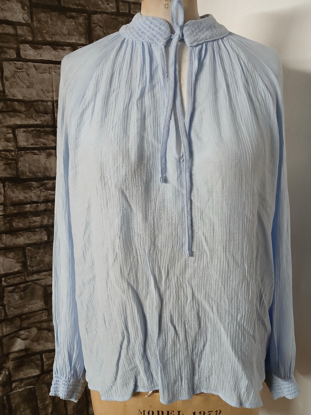 Brochu Walker Pale Blue Smocked Tie-Neck Long Sleeve Blouse